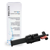 PRFCTTY salt system cartridge close-up with titanium generator for automated spa sanitization.