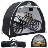 PROLEE Bike Shed shows 79-inch length, protecting two bikes from rain and dust