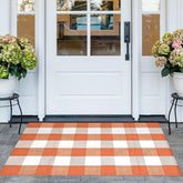 Pseutio Buffalo Plaid Rug on front porch adds warm curb appeal and easy cleaning.