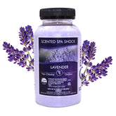 Pure and Simple Lavender Spa Shock jar label shows 2 lb size for clear, fragrance-enhanced water
