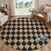 PureCozy checkered round rug outdoors on patio adds farmhouse charm