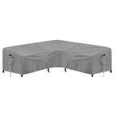 PureFit outdoor sectional cover in gray protects a V-shaped sofa from rain and sun.