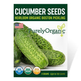 Purely Organic Boston Pickling Cucumber seeds packet front, ideal for home gardeners planning pickles.