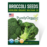 Purely Organic broccoli seeds Waltham 29 front pack shows premium heirloom variety for home gardens
