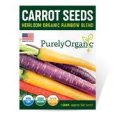 Purely Organic Rainbow Carrot Seeds packet front for vibrant, colorful harvest.