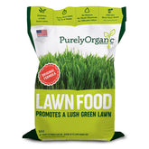 Purely Organic Lawn Food 10-0-2 bag front shows plant-based nutrients for lush turf