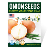 Purely Organic Walla Walla onion seeds packet front for sweet onions.