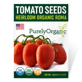 Purely Organic Roma tomato seeds packet front label enabling quick home planting