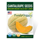 Purely Organic Cantaloupe Seeds seed packet showing heirloom Hales Best Jumbo variety for large melons.