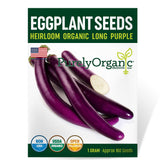 Purely Organic Seeds long purple eggplant seeds packet front, ideal for indoor sowing