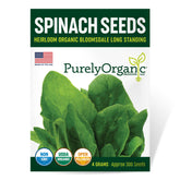 Purely Organic Spinach Seeds Bloomsdale pack front, ideal for fresh salads and home harvests.