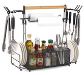 PWSOMJ Grill Caddy with compartments and hooks for organized outdoor cooking.