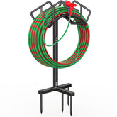 Qatsrin hose holder base and stand provides stable outdoor storage for hoses