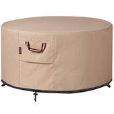 QH.HOME round fire pit cover on a 36-inch diameter protects from rain and debris.
