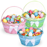 Q.Hou Easter bamboo basket pink with bow for festive egg hunts and storage.