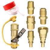 Qieoyk propane quick-connect parts demonstrate a comprehensive kit for easy camping setups.