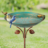 Qipade metal bird bath 39-inch tall in green attracts birds for outdoor enjoyment.