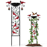 Qmetalart cardinal bird bath trellis with red cardinals attracts garden visitors.