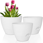 QRRICA 12inch white self-watering pot side view with reservoir and saucer.