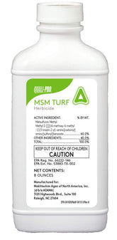 Quali-Pro MSM Turf Herbicide 8oz bottle targets weeds in residential lawns.