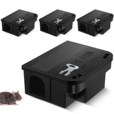 Qualirey rat bait station four-pack with openable lid for easy bait monitoring.