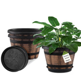 Quarut 3-pack 10-inch pot brown barrel front view showing rustic appeal for outdoor spaces.