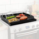 QuliMetal nanoceramic griddle plate on grill for universal outdoor cooking.