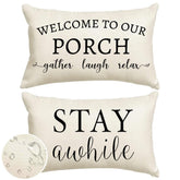 Rabusofa front porch sign pattern on 12x20 cover, ideal for welcoming outdoor spaces.