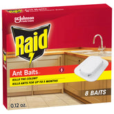 Raid Ant Killer Baits package with eight traps for indoor ant control.