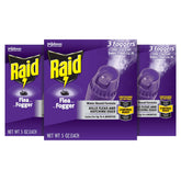 Raid Flea Fogger Plus three-pack cans for wide room coverage against fleas.