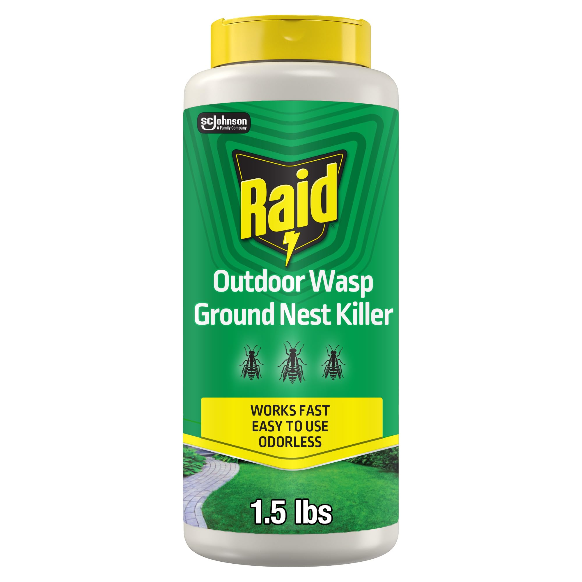 Raid Outdoor Ground Wasp Nest Killer shaker can labeled for quick outdoor control.