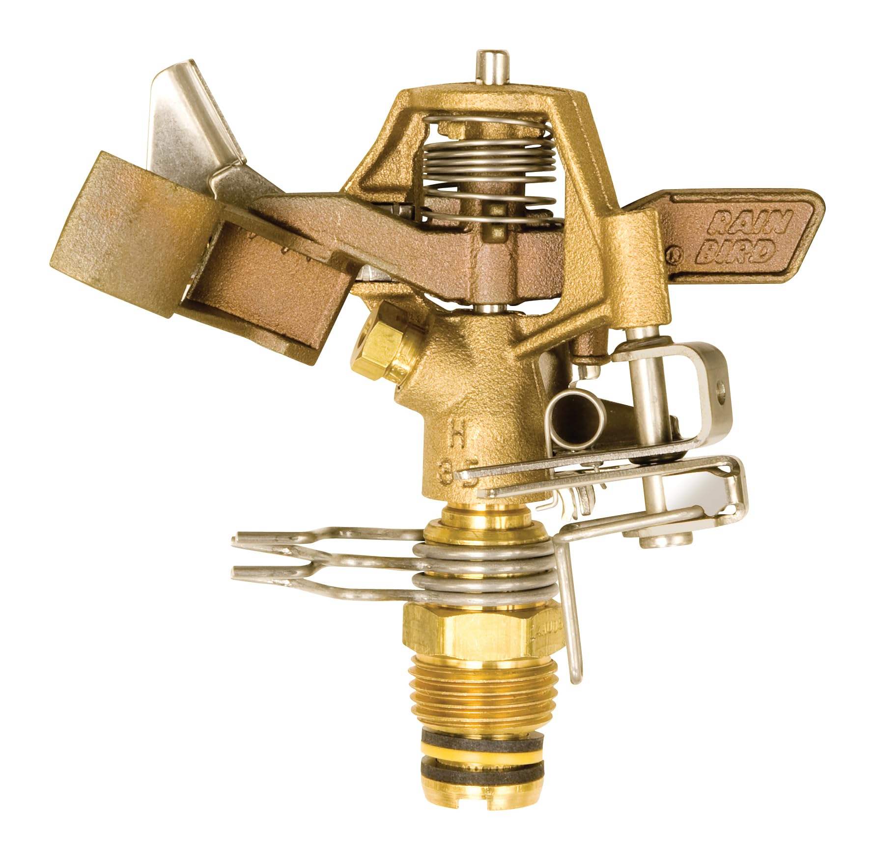 Rain Bird 25PJDAC brass impact sprinkler shows rugged construction for durable irrigation.