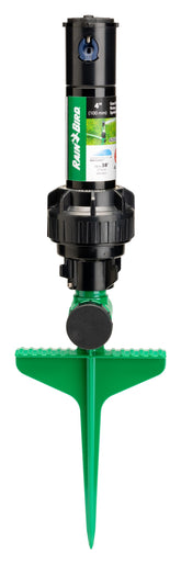 Rain Bird 42SASPG gear-drive rotor on green spike delivers even lawn watering