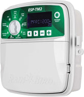 Rain Bird ESP-TM2 controller mounted outdoors for easy irrigation scheduling.