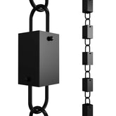 Rain Chains Direct square link rain chain in black aluminum guiding rain along gutters.
