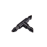 Raindrip barbed tee connects three 1/4-inch tubes for a simple T junction in a drip system.