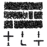 RainFlow drip fittings kit 1/4 inch close-up of barbed connectors for leak-free connections