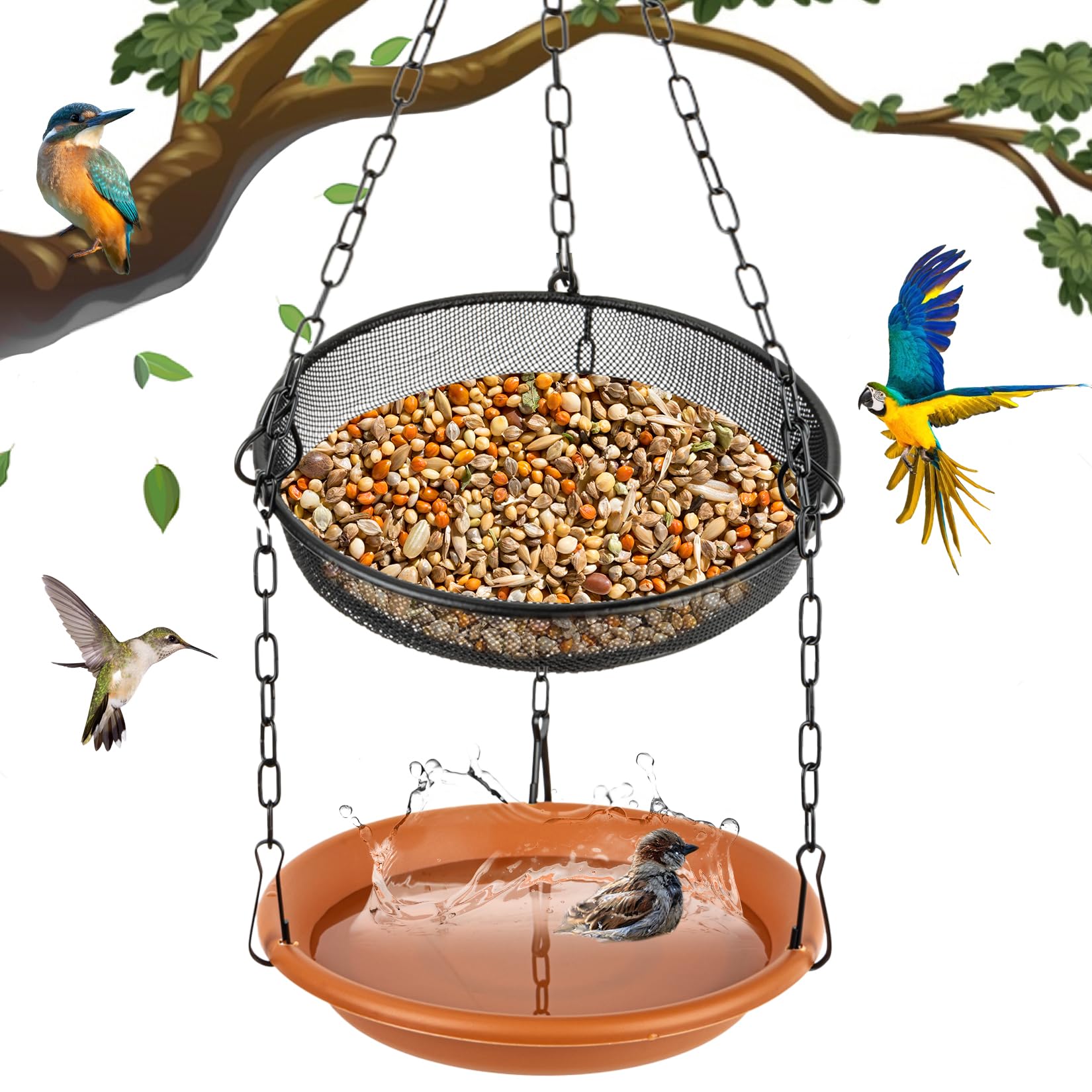 Rainflow hanging bird bath assembly demonstrates simple garden installation for bird bathing.
