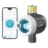 RAINPOINT Bluetooth timer with brass inlet and 360 swivel for leak-free outdoor setup.