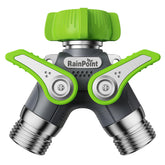 RAINPOINT garden hose splitter front view demonstrating dual outlets for quick irrigation