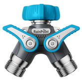 RAINPOINT hose splitter front view highlights metal body and dual outlets for outdoor use.