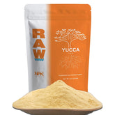 RAW Yucca Flow bottle label highlighting yucca-based surfactant and soil benefits