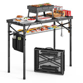 Raynesys Tri-Fold Camping Table fully assembled for outdoor dining and prep.