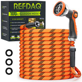 REFDAQ garden hose 100ft, coiled for easy storage and quick watering setup.