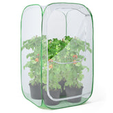 RESTCLOUD 36-inch mesh enclosure viewed from angle, protecting tall potted plants from birds.