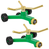 Restmo 2-pack 3-arm metal sprinkler with wheel base sprinkling evenly across the lawn.