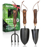 Restmo 3-in-1 garden tools set with ergonomic wooden handles for comfortable digging and transplanting.
