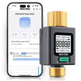 Restmo Smart Water Flow Meter display shows real-time usage for easy garden watering
