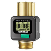 Restmo water flow meter with brass inlet/outlet for durable outdoor watering connections.
