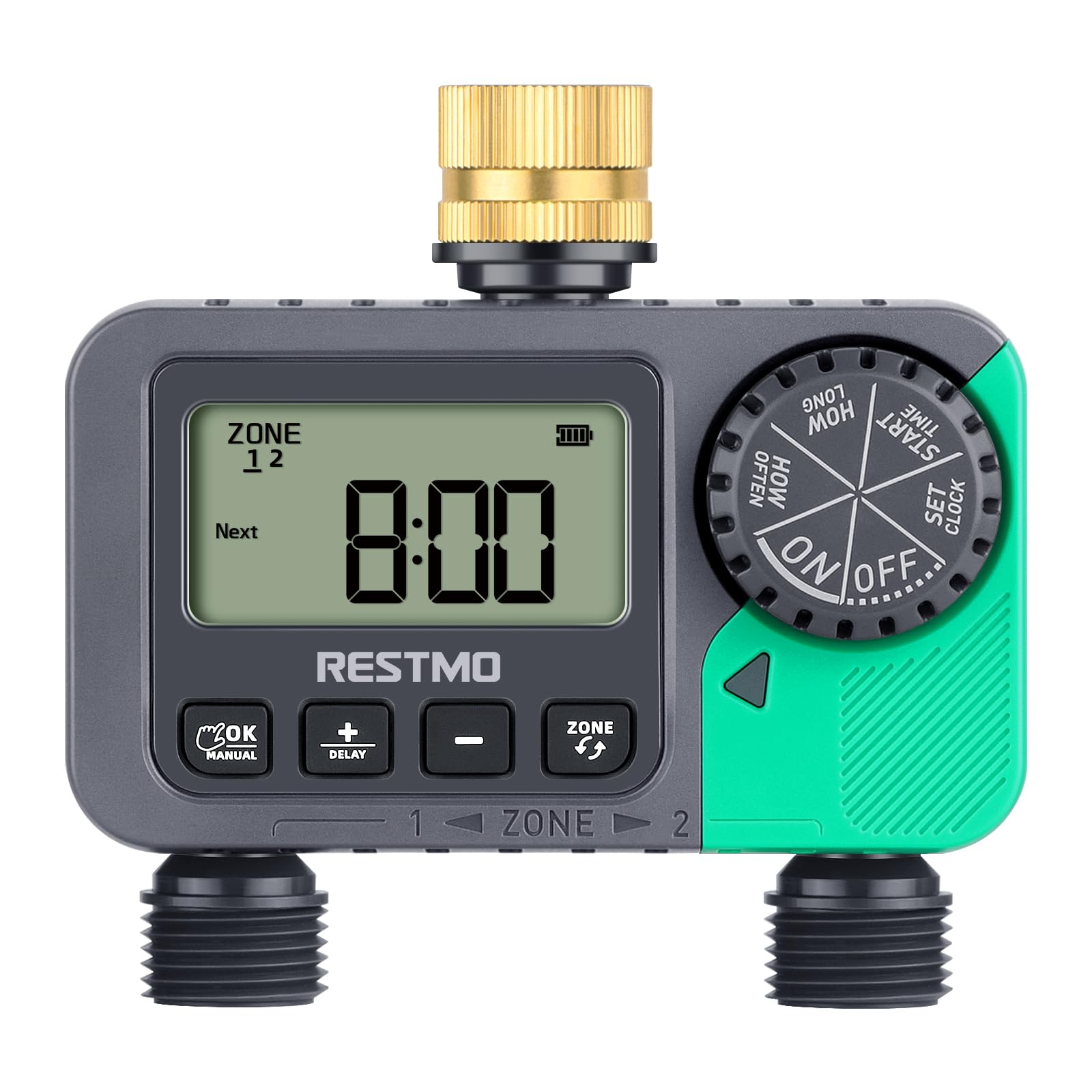RESTMO Water Timer brass inlet closeup showing leak-proof design for outdoor use